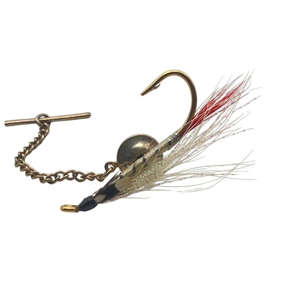 Vintage Fly Fishing Tie Tack Clutch Back Safety Chain Gift Set Gold Tone Angler